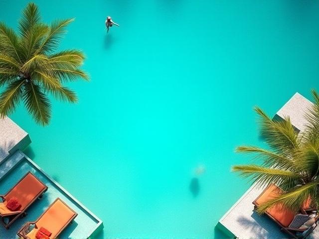 Beach resort with kids pool and palm trees