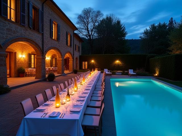 A large stone villa in Tuscany with a private pool and dinner setting