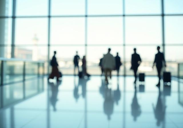 Diverse group of professionals walking through a modern airport terminal